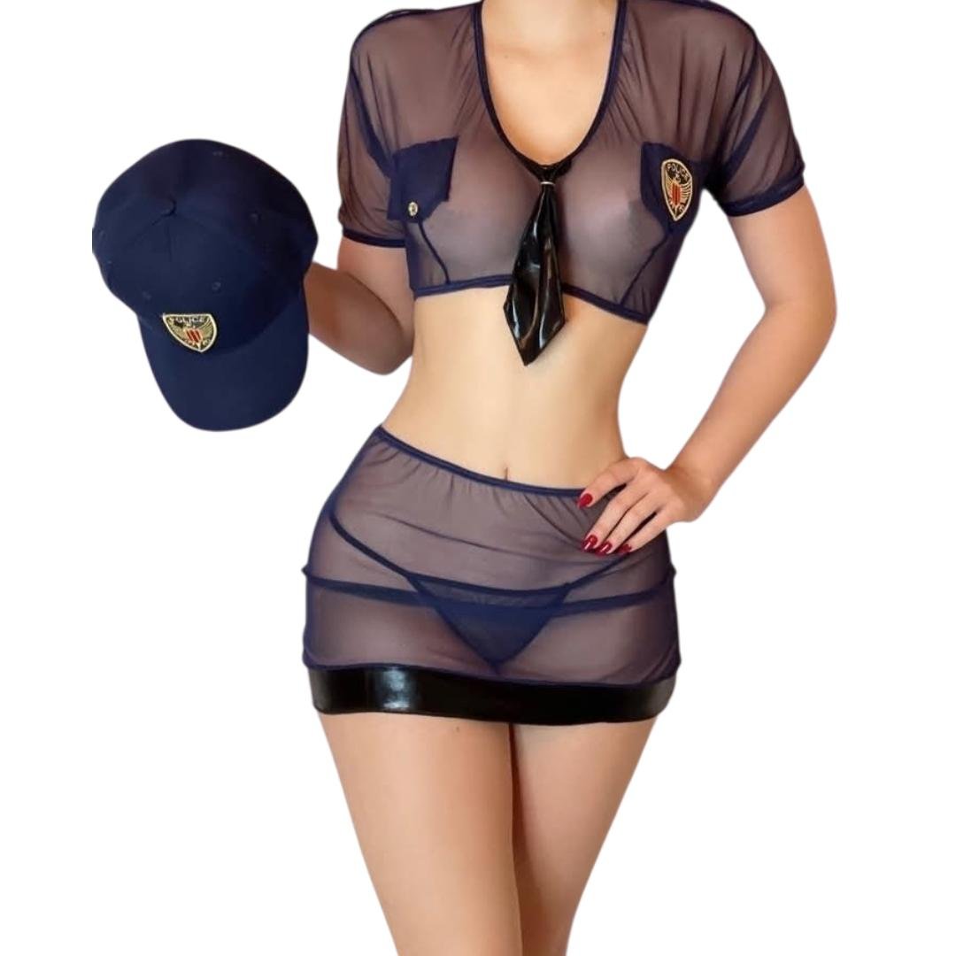 Conjunto de Lencería de Policía Sexy - Disfraz de 4 Piezas con Transparencias y Gorra