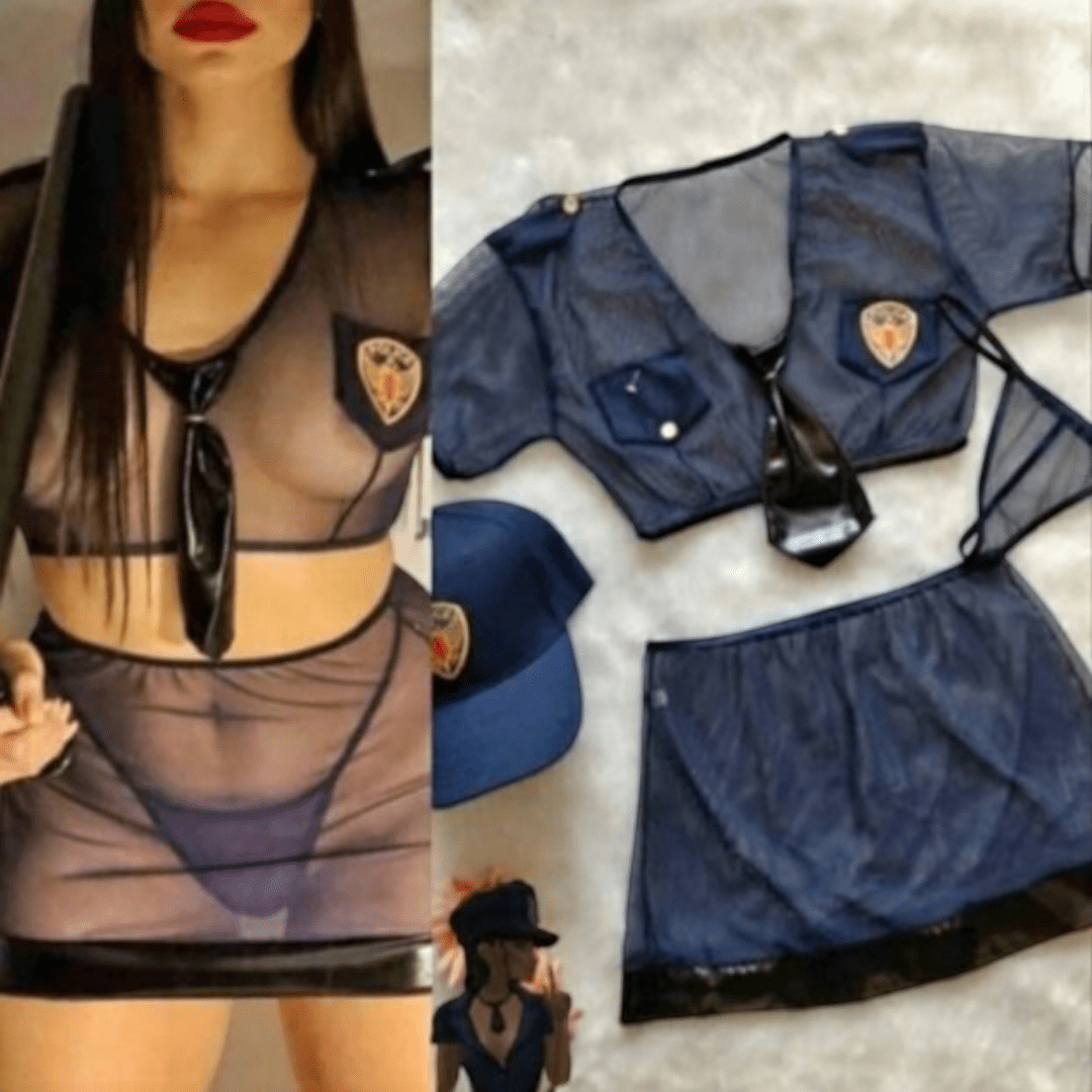 Conjunto de Lencería de Policía Sexy - Disfraz de 4 Piezas con Transparencias y Gorra