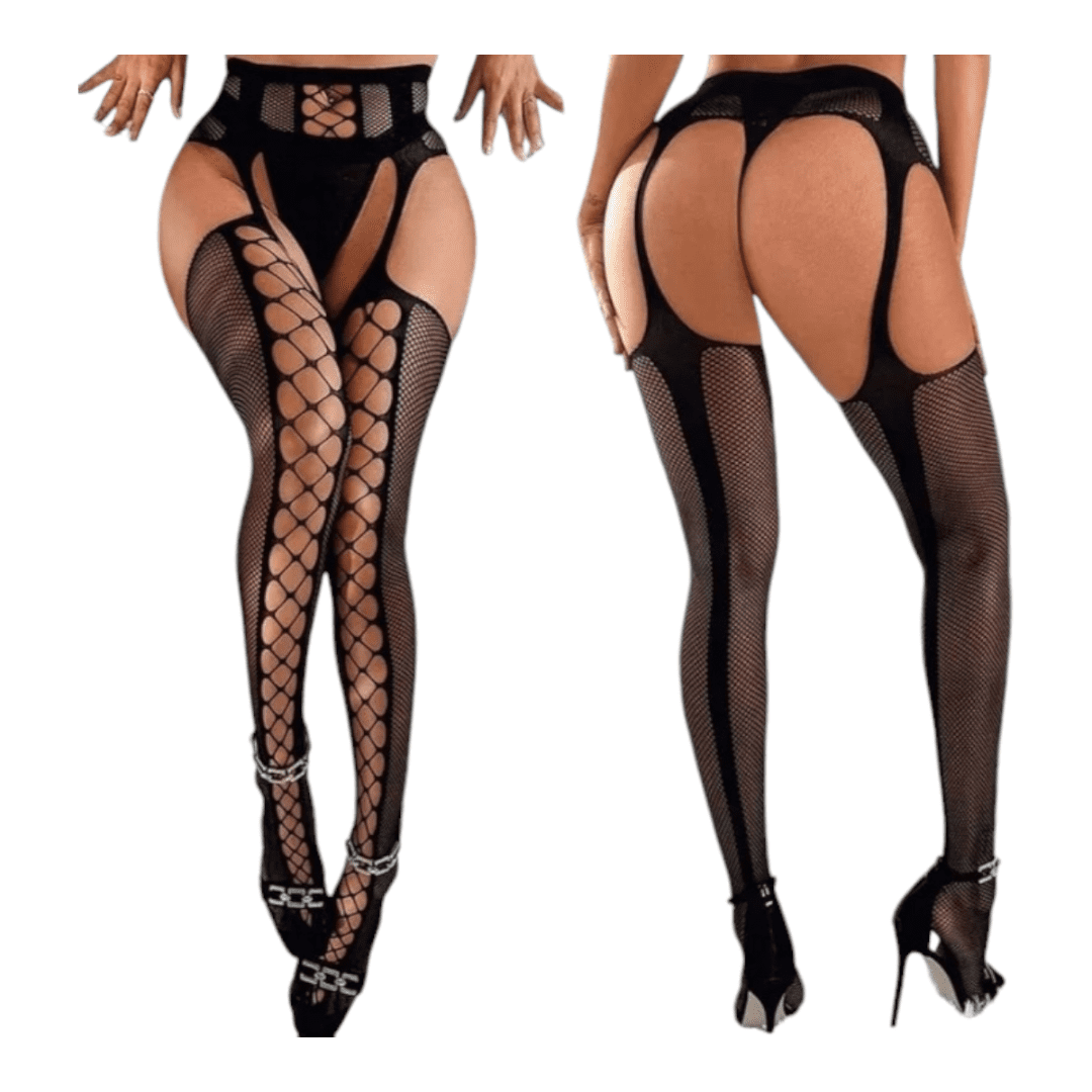 Pantimedias de Red Estilo Liguero con Brillos y Abertura Frontal