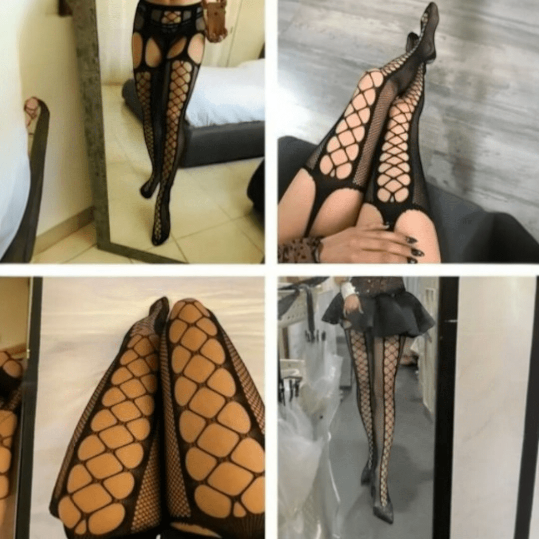 Pantimedias de Red Estilo Liguero con Brillos y Abertura Frontal
