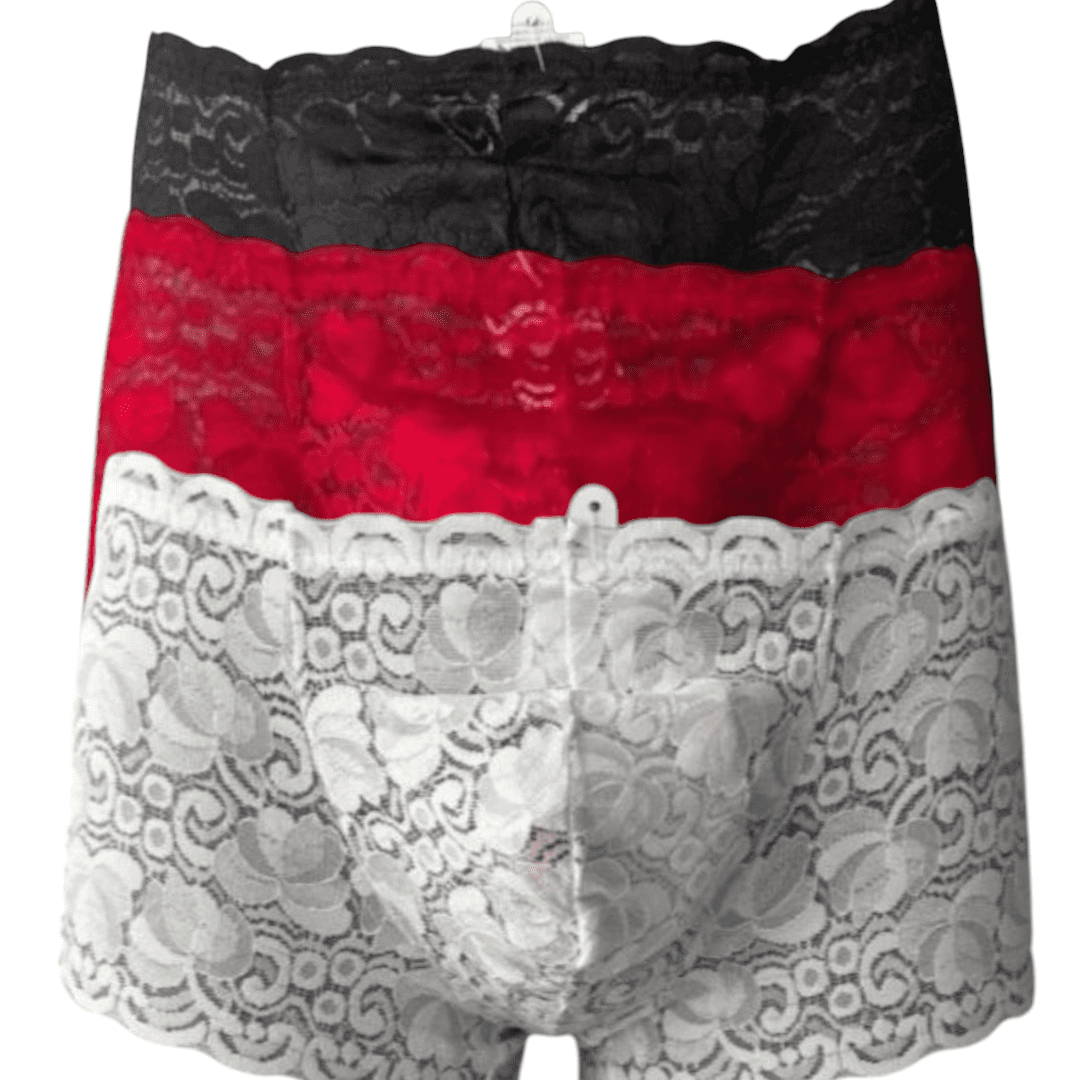 Pack de 3 Bóxers de Encaje Floral para Hombre - Ropa Interior Erótica y Elegante (Negro, Rojo, Blanco)