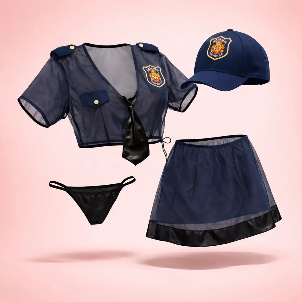 Conjunto de Lencería de Policía Sexy - Disfraz de 4 Piezas con Transparencias y Gorra