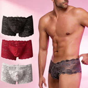 Pack de 3 Bóxers de Encaje Floral para Hombre – Ropa Interior Erótica y Elegante (Negro, Rojo, Blanco)