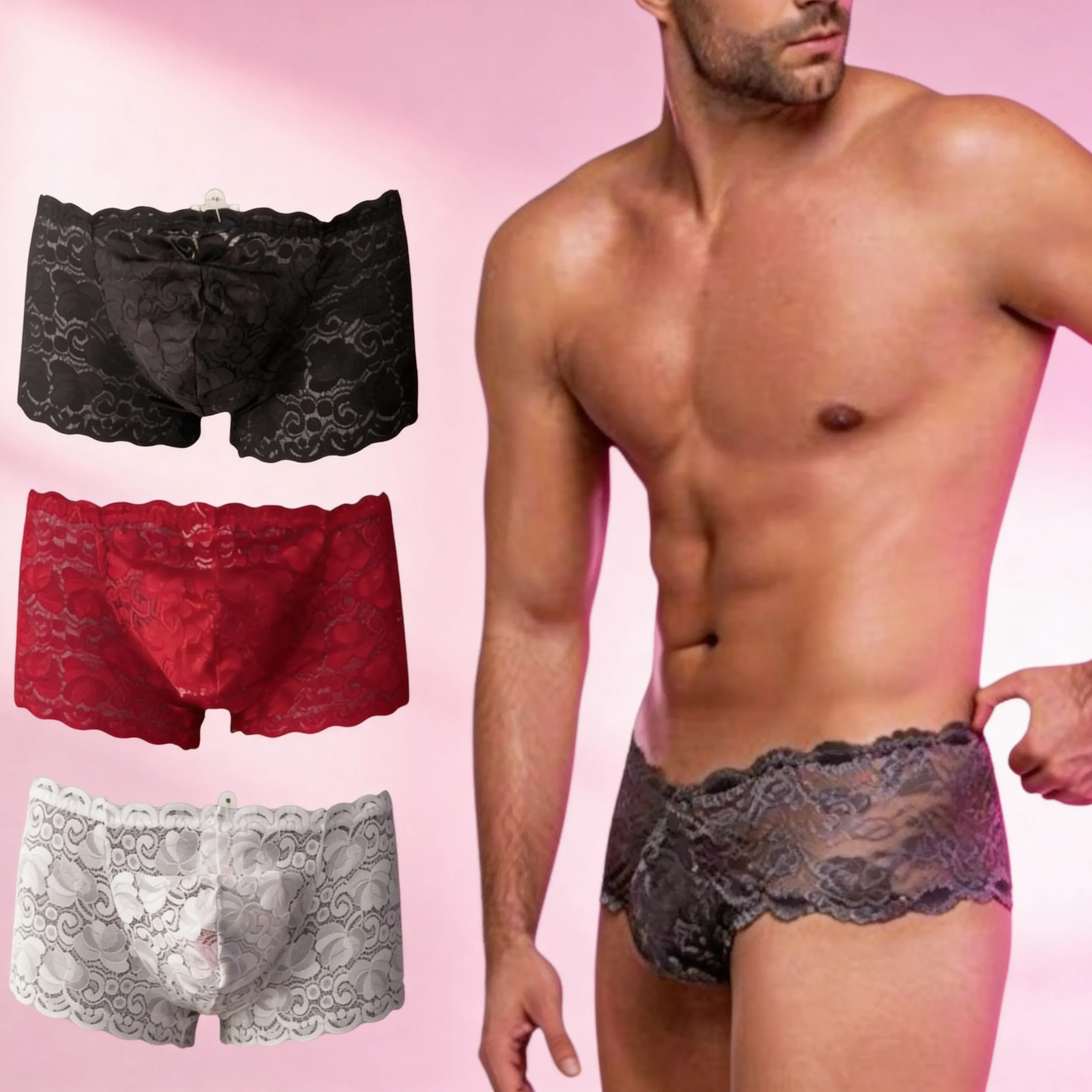 Pack de 3 Bóxers de Encaje Floral para Hombre - Ropa Interior Erótica y Elegante (Negro, Rojo, Blanco)