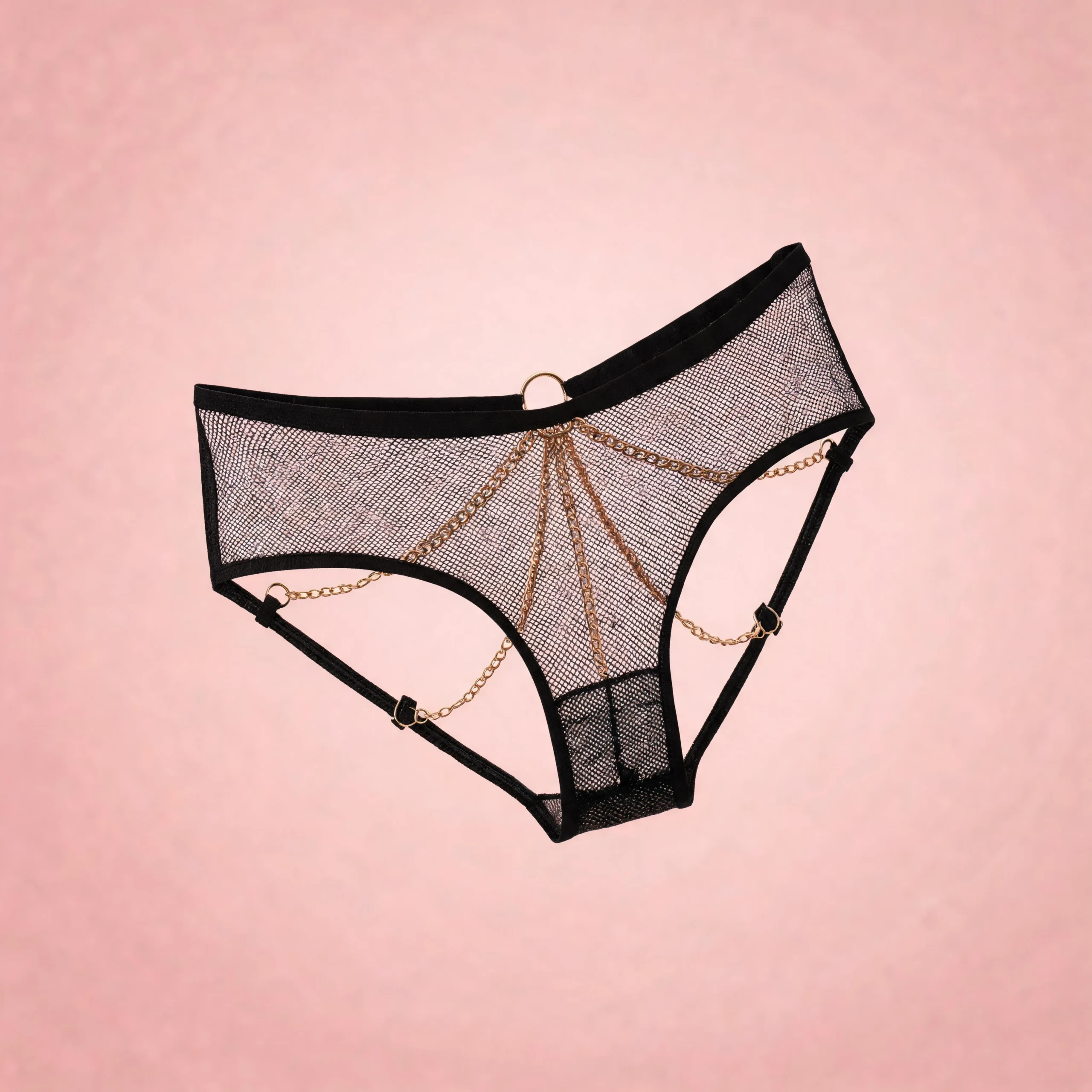 Tanga de Red Negra con Detalles de Cadenas Doradas