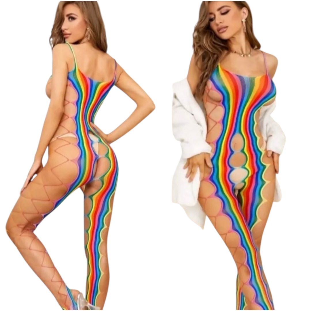 Enterizo Bodystocking Multicolor Arcoíris Sexy Lencería Mesh Ajustable