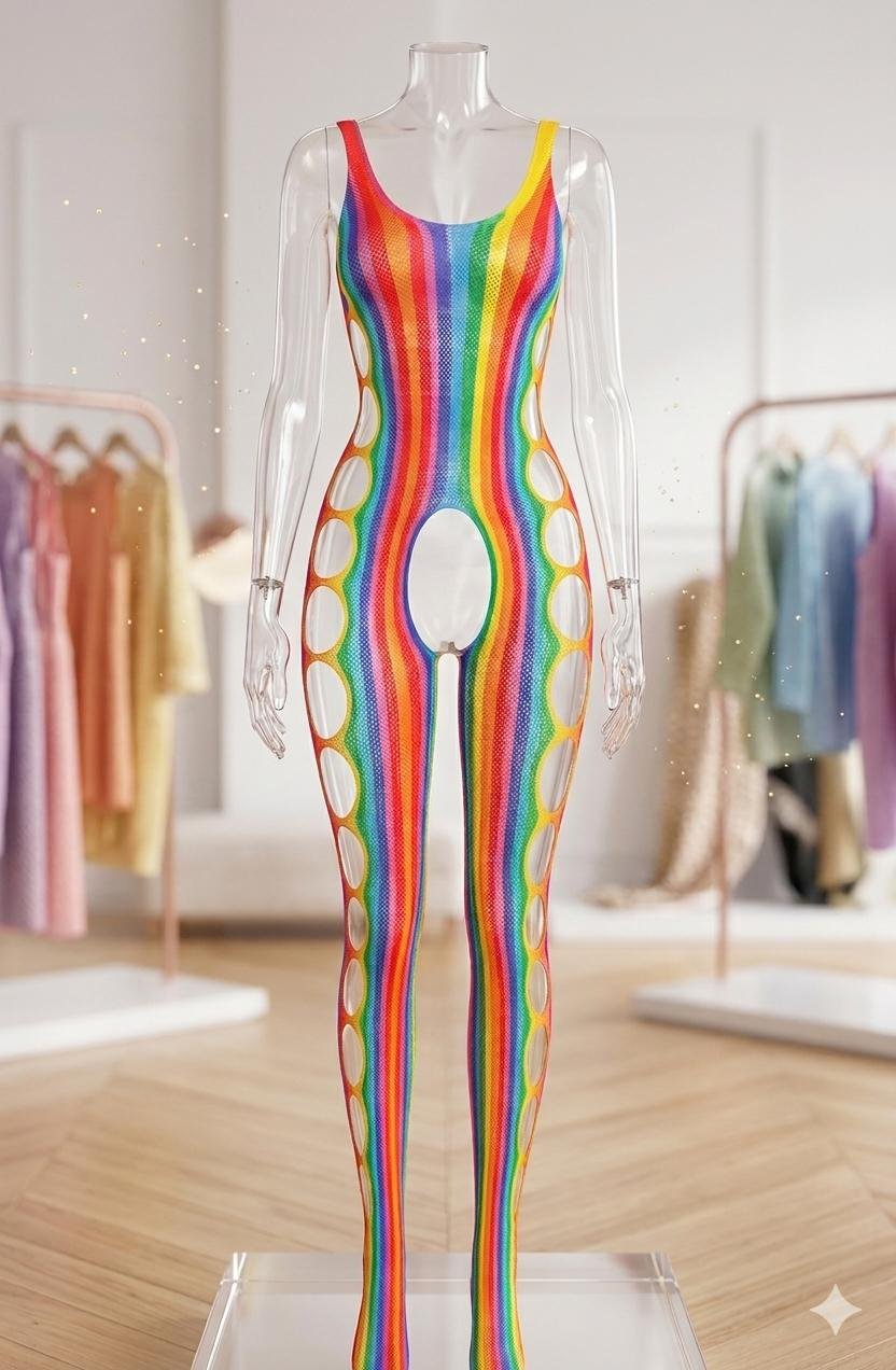 Enterizo Bodystocking Multicolor Arcoíris Sexy Lencería Mesh Ajustable