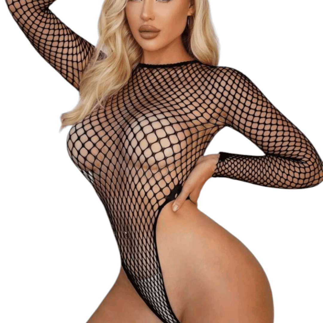 Body Teddy de Red Estilo "Fishnet" con Manga Larga y Corte de Pierna Alta