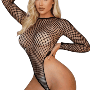 Body de Red Sexy para Mujer Manga Larga - Bodystocking de Malla Transparente Negro para Fiesta y Rave