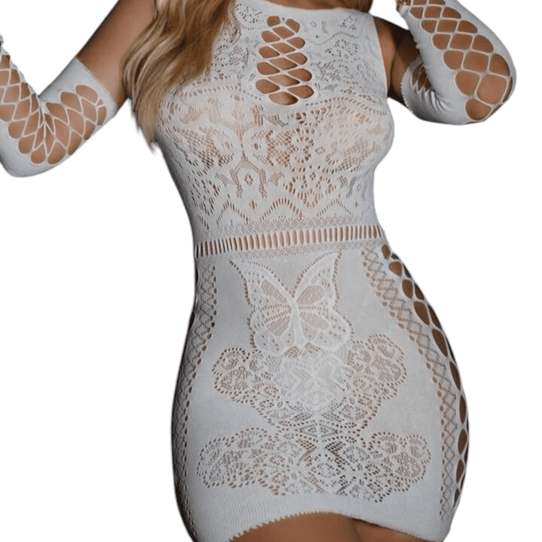 Bodystocking de Encaje Floral con Mariposa Frontal y Guantes Largos a Juego
