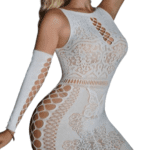 Body de Red Tipo Vestido Blanco Calado con Mariposa y Guantes de Rejilla