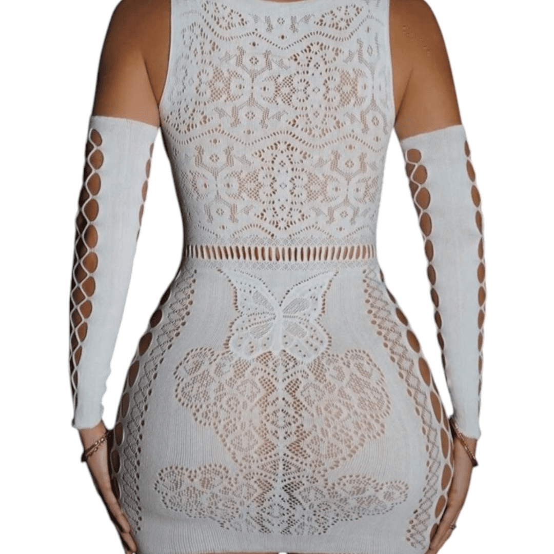 Bodystocking de Encaje Floral con Mariposa Frontal y Guantes Largos a Juego