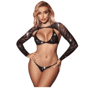 Bodystocking de Red con brillos y Mangas Largas - Lencería Sexy para Mujer Conjunto de Malla con Strass