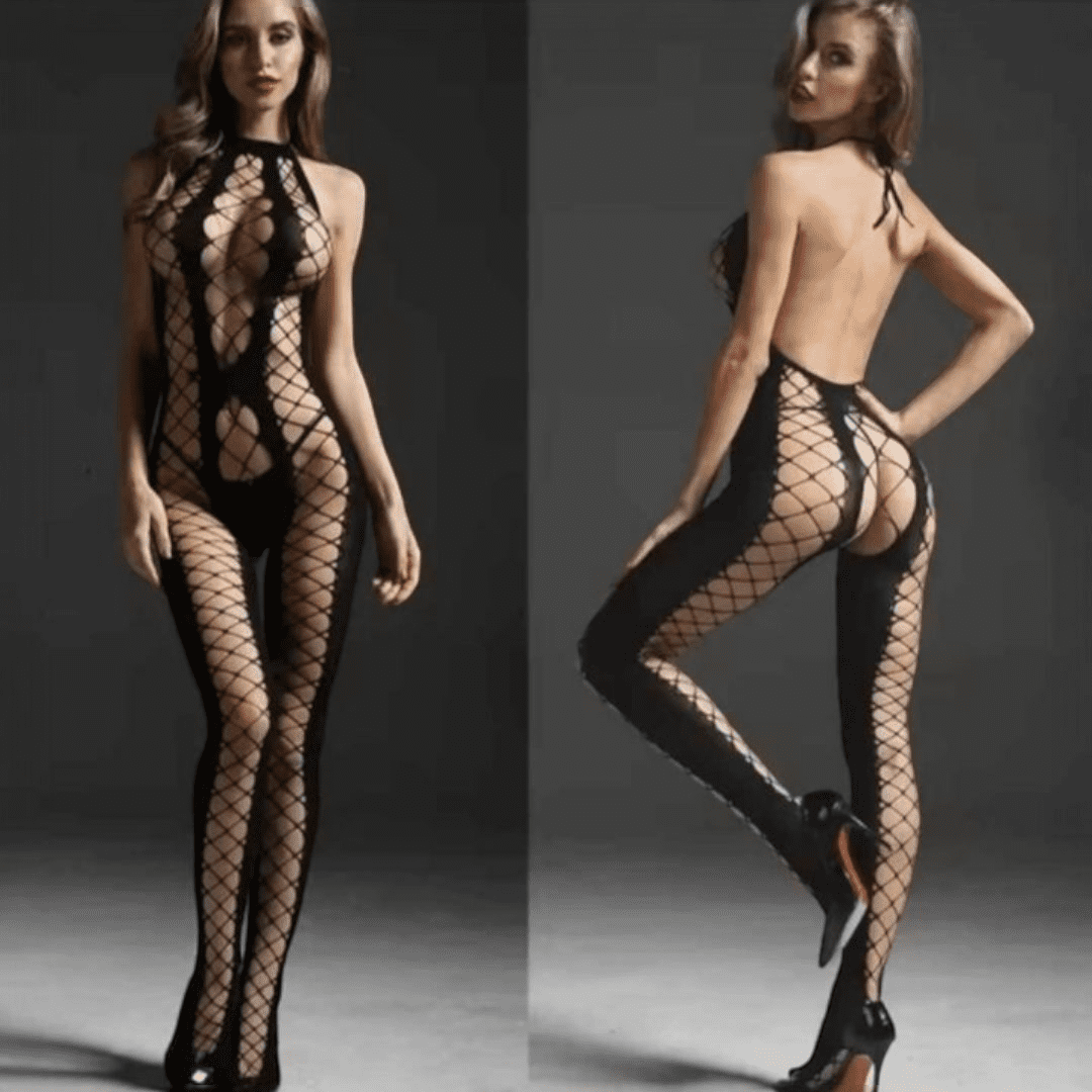 Bodystocking Enterizo de Red con Aberturas Estratégicas y Cuello Halter