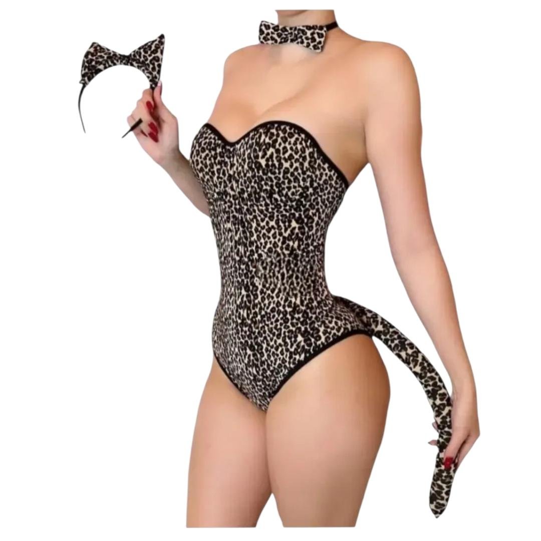 Disfraz Sexy de Gatita Leopardo - Conjunto de Lencería Animal Print con Accesorios