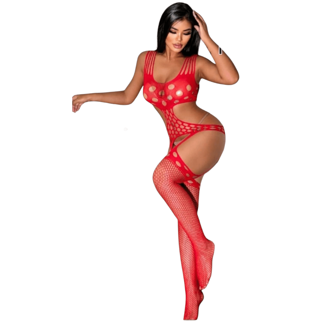 Bodystocking Rojo de Red con Aberturas-enterizo de malla