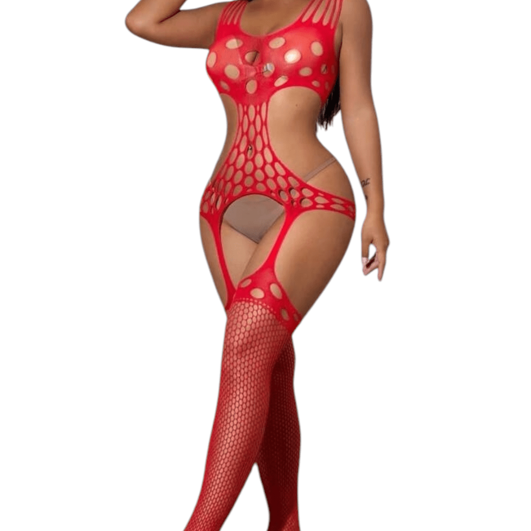 Bodystocking Rojo de Red con Aberturas-enterizo de malla