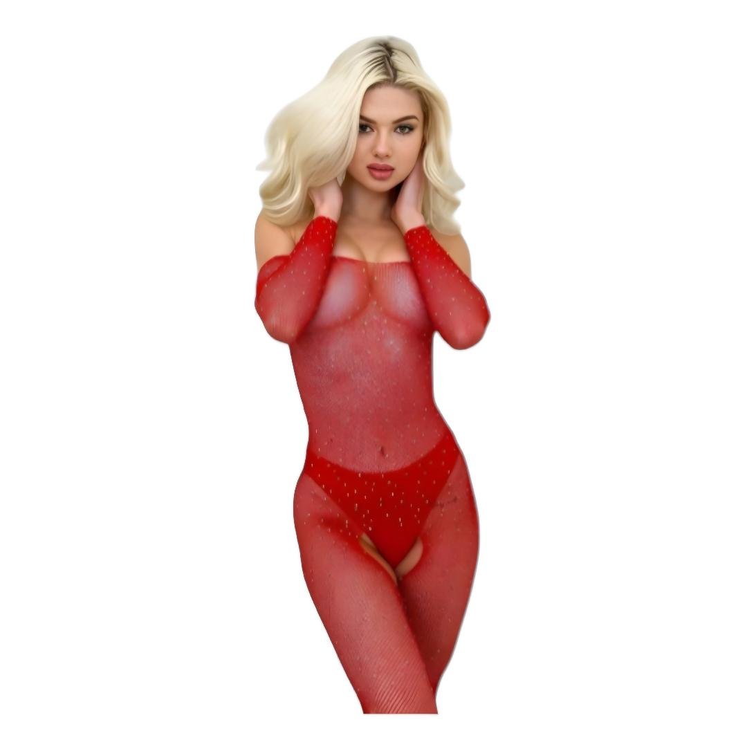 Enterizo Red Body Completo con Brillos y Transparencias