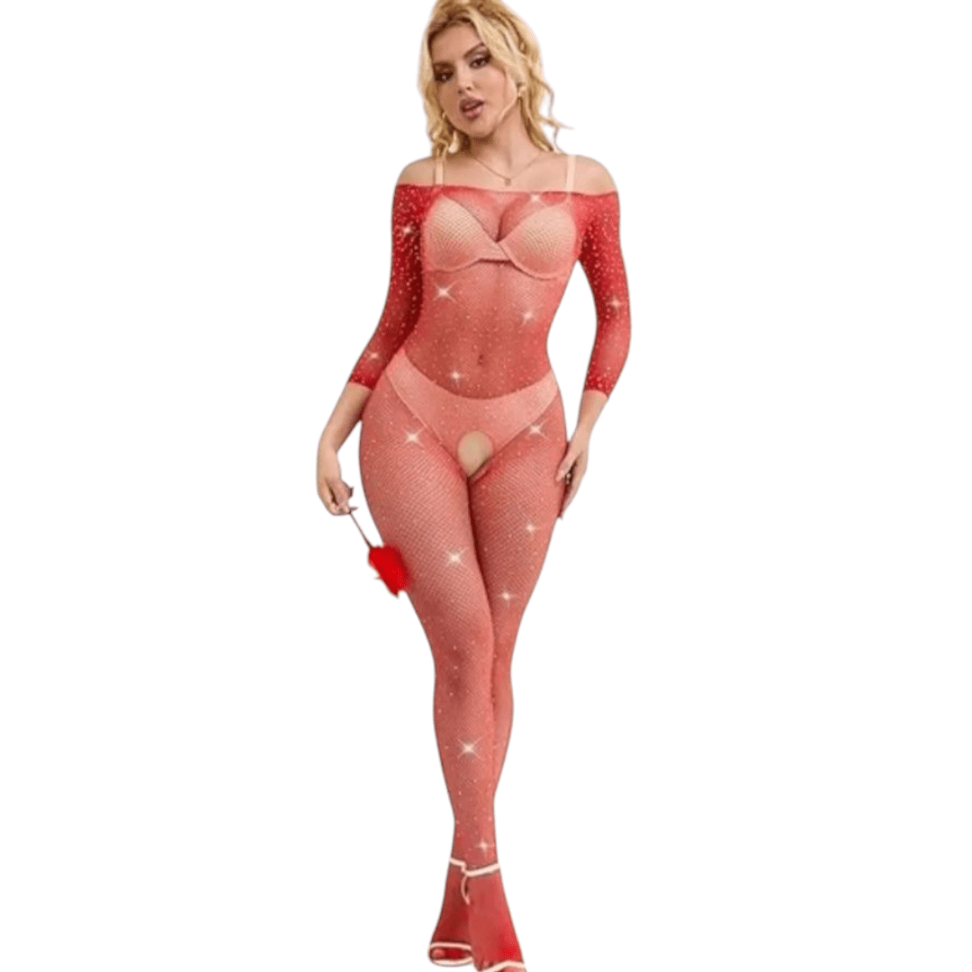 Enterizo Red Body Completo con Brillos y Transparencias