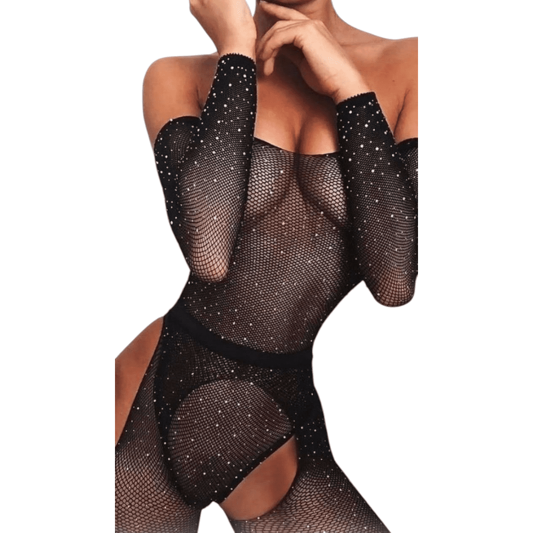 Bodystocking 2 Piezas con Brillos: Body y Pantiliguero de Red con Brillos.
