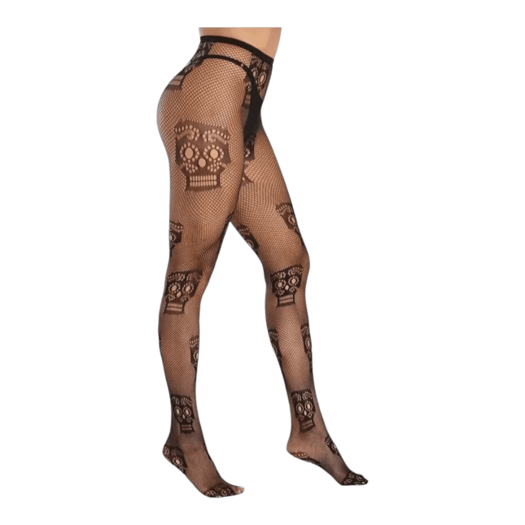 Medias de Red con Diseño de Calaveras Góticas - Pantimedias Fishnet Estampadas