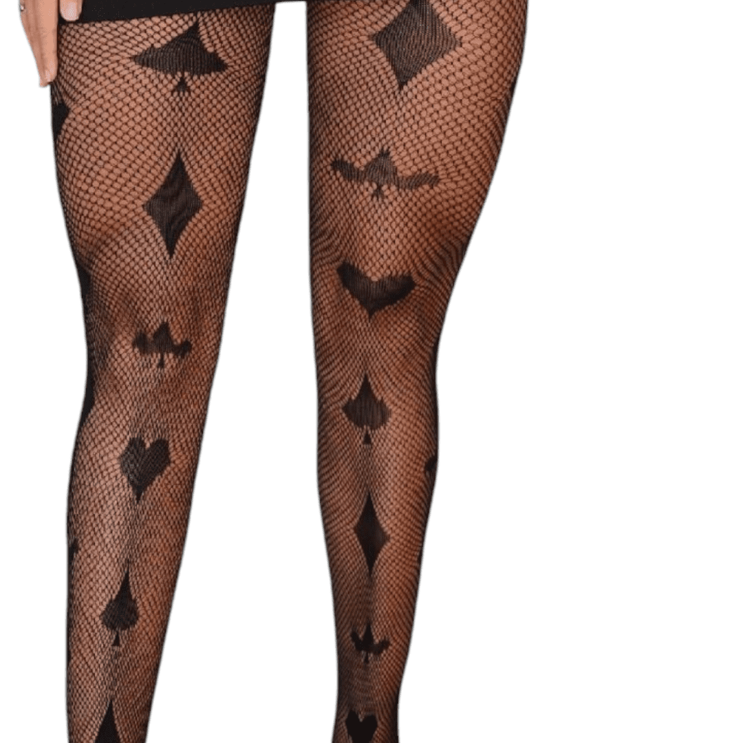 Pantimedias de Red Diseño Naipes Estilo Poker Casino-Medias de Rejilla Negras con Figuras de Cartas -