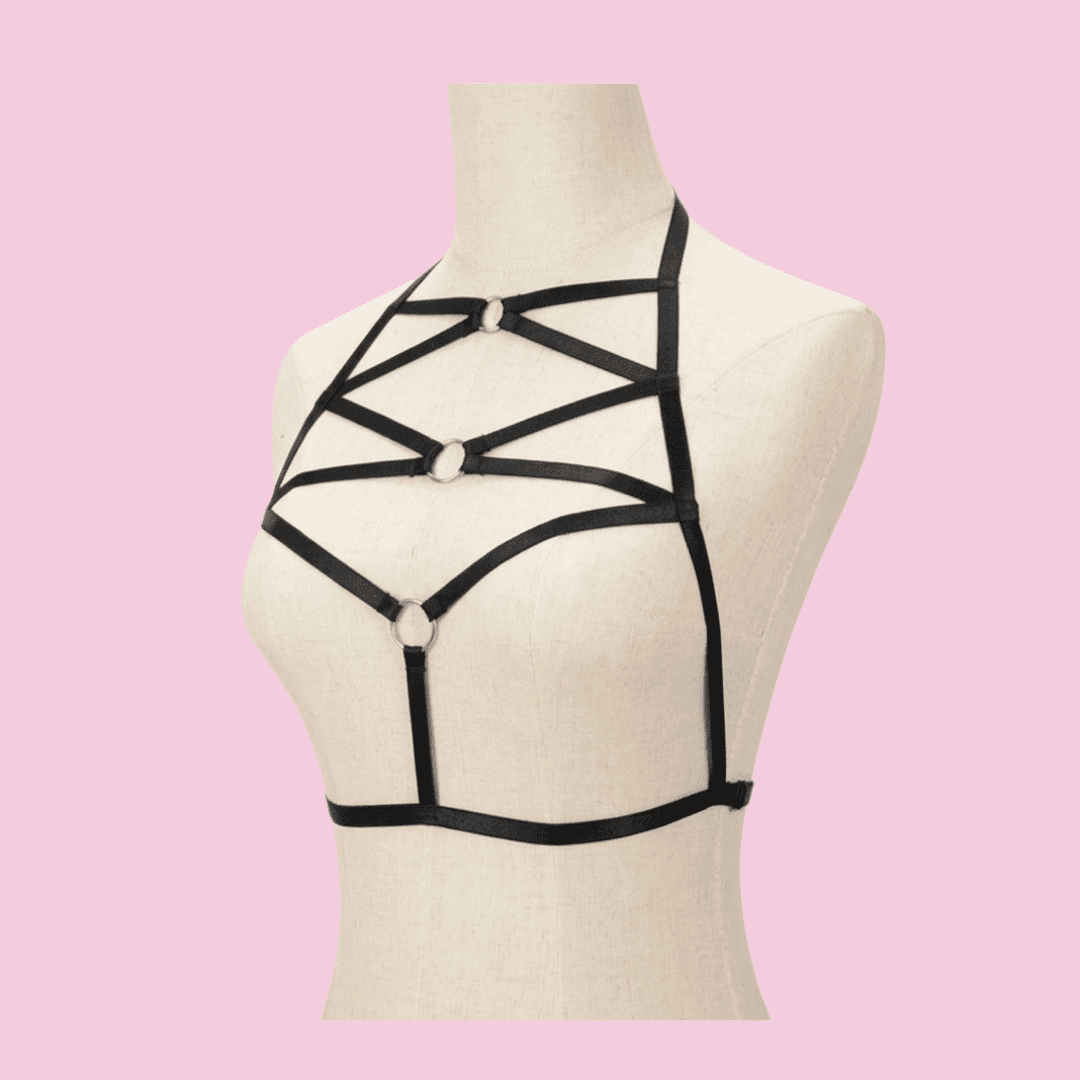 Arnés de Cuerpo tipo Cage con Correas Elásticas y Anillos Metálicos - Diseño Geométrico Ajustable