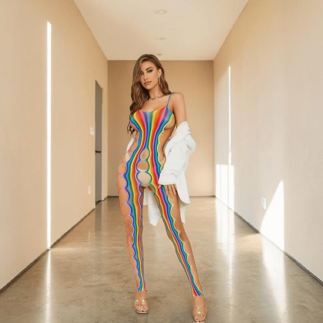 Enterizo Bodystocking Multicolor Arcoíris Sexy Lencería Mesh Ajustable
