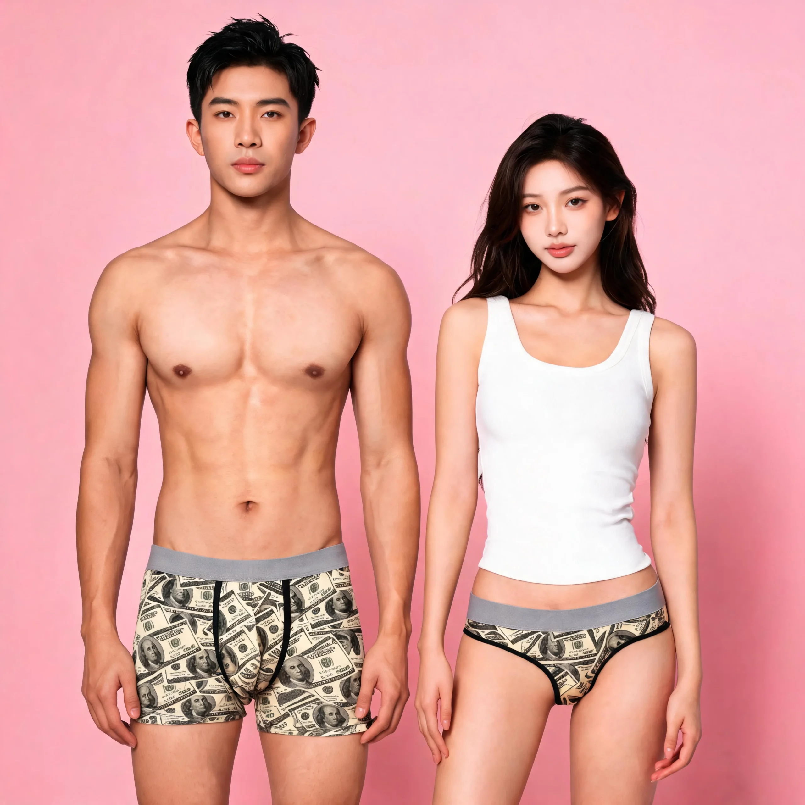 Dúo Pack Amor al Dinero: Boxer para Hombre y Tanga para Mujer con Estampado de Billetes de 100 Dólares