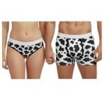 Conjunto de Ropa Interior para Parejas Estampado de Vaca - Dúo de Boxer y Tanga Sexy Match Novios