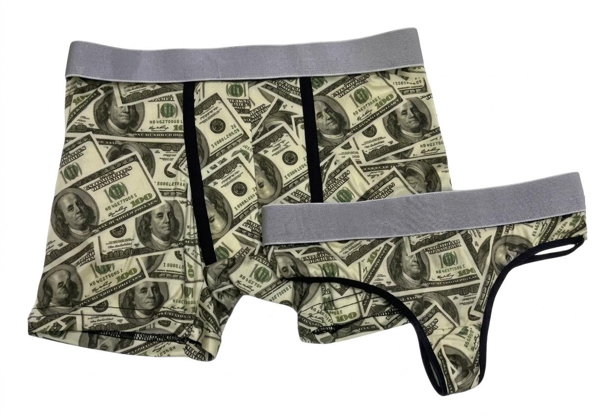 Dúo Pack Amor al Dinero: Boxer para Hombre y Tanga para Mujer con Estampado de Billetes de 100 Dólares