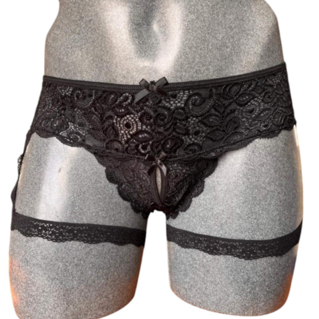Tanga Cachetero de Encaje Negro Ropa Interior Sensual, Tanga Con Ligueros