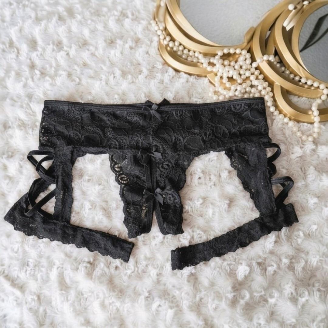 Tanga Cachetero de Encaje Negro Ropa Interior Sensual, Tanga Con Ligueros