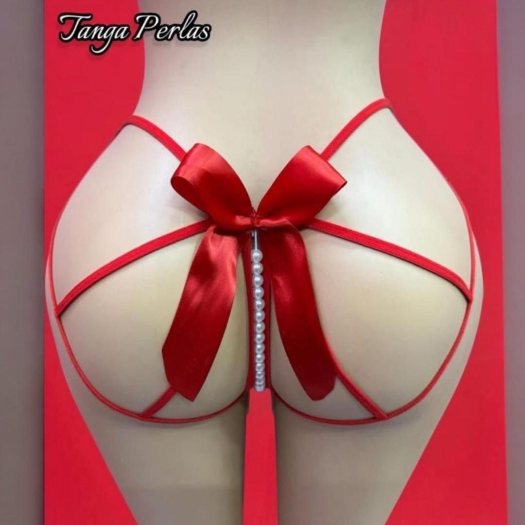 Tanga Para Mujer Roja Sexy Con Apertura Frontal, Perlas Y Moño Trasero