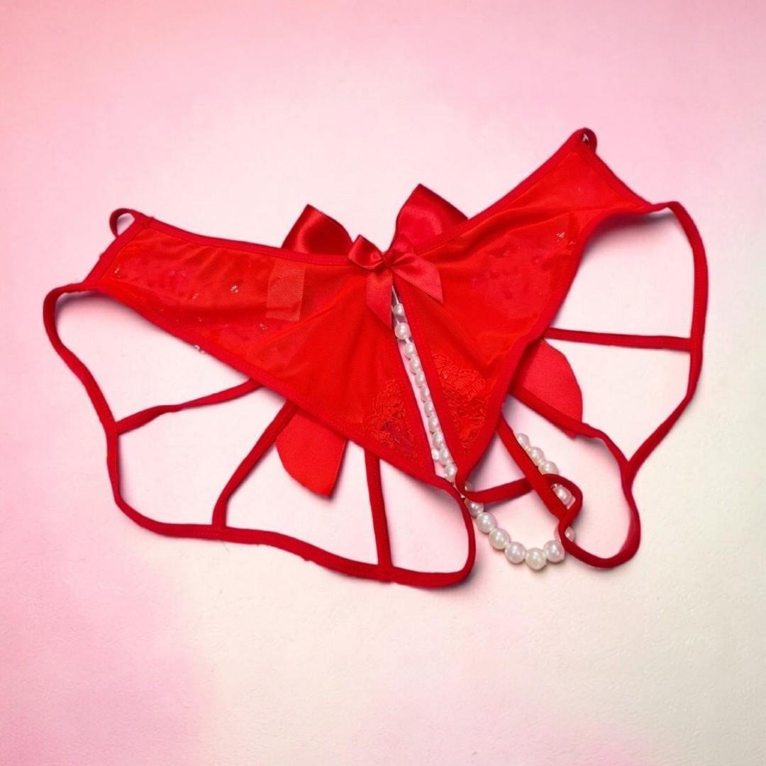 Tanga Para Mujer Roja Sexy Con Apertura Frontal, Perlas Y Moño Trasero