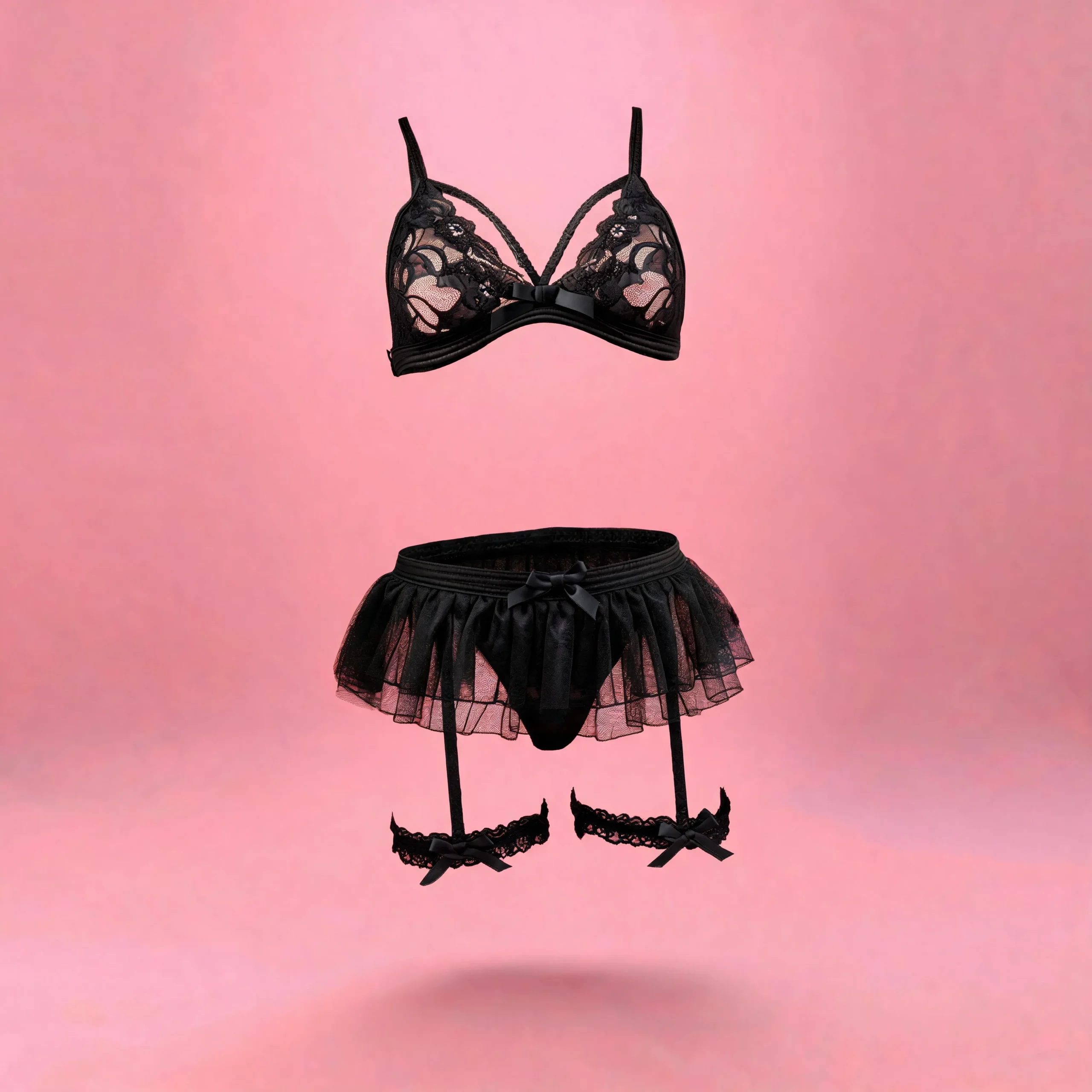 Conjunto Lencería Sexy De Encaje Con Falda Tutú Y Ligeros