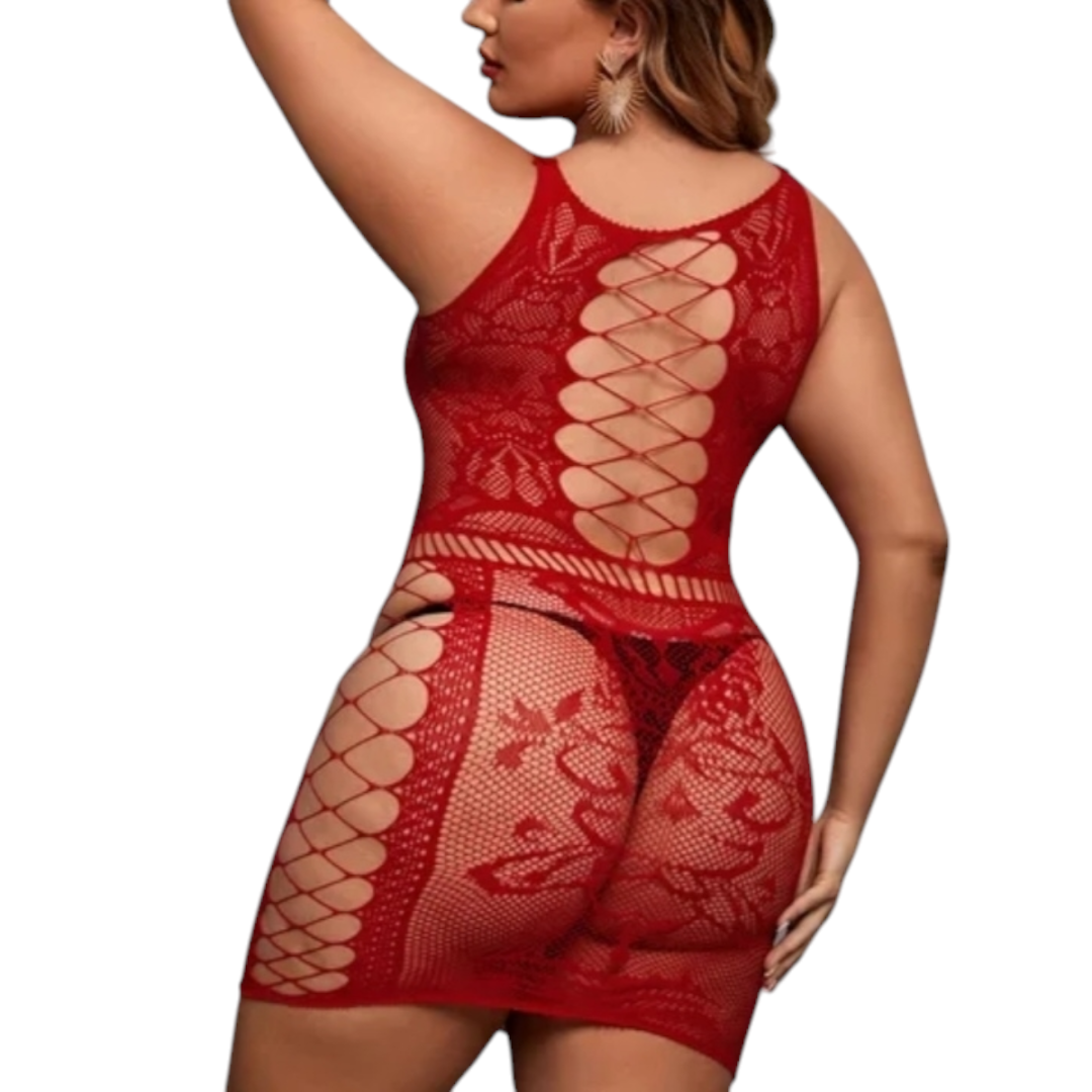 Bodystocking Plus Size de Malla de Red Lujosa con Aberturas Frontales – Rojo Pasión