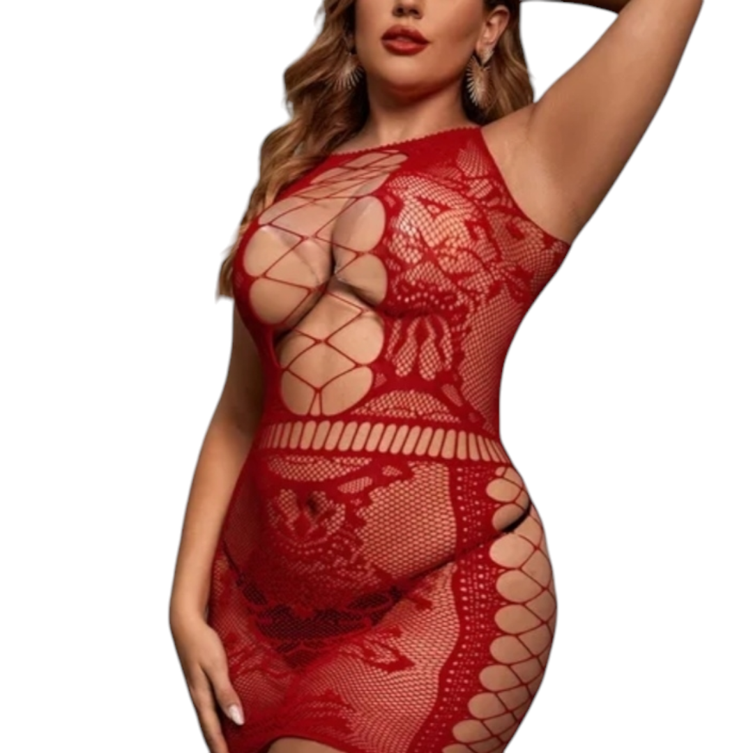 Bodystocking Plus Size de Malla de Red Lujosa con Aberturas Frontales – Rojo Pasión