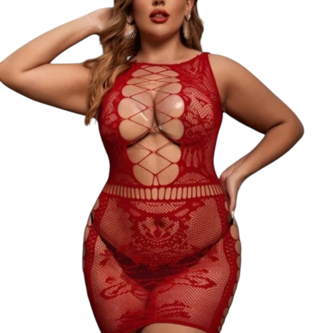 Bodystocking Plus Size de Malla de Red Lujosa con Aberturas Frontales – Rojo Pasión
