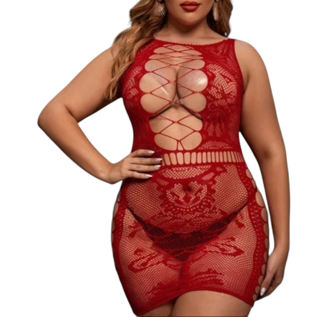 Bodystocking Plus Size de Malla de Red Lujosa con Aberturas Frontales – Rojo Pasión