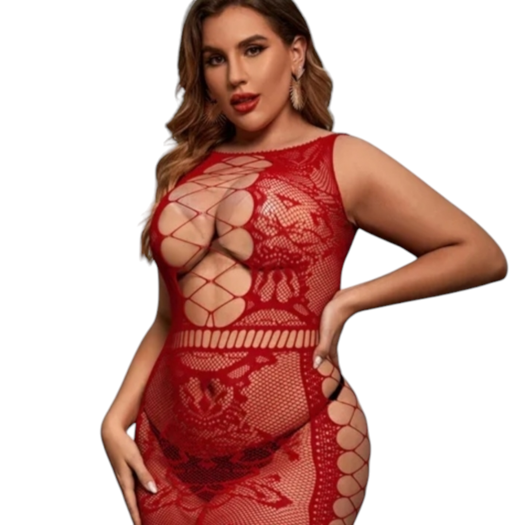 Bodystocking Talla Extra Lingerie Sexy Malla Red Erótica Plus Size Bodysuit Rojo Curvy